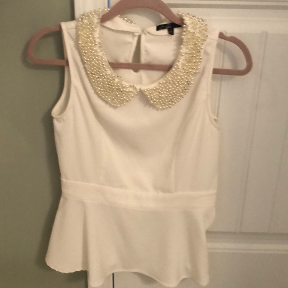 C Luce peplum top with beaded pearl collar